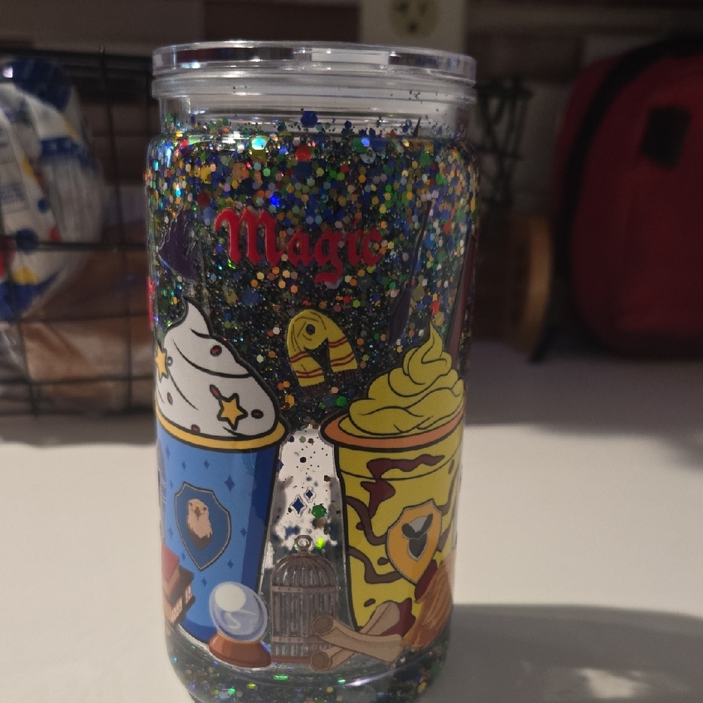 Magic Glitter Drink Tumbler with Blue and Yellow Design